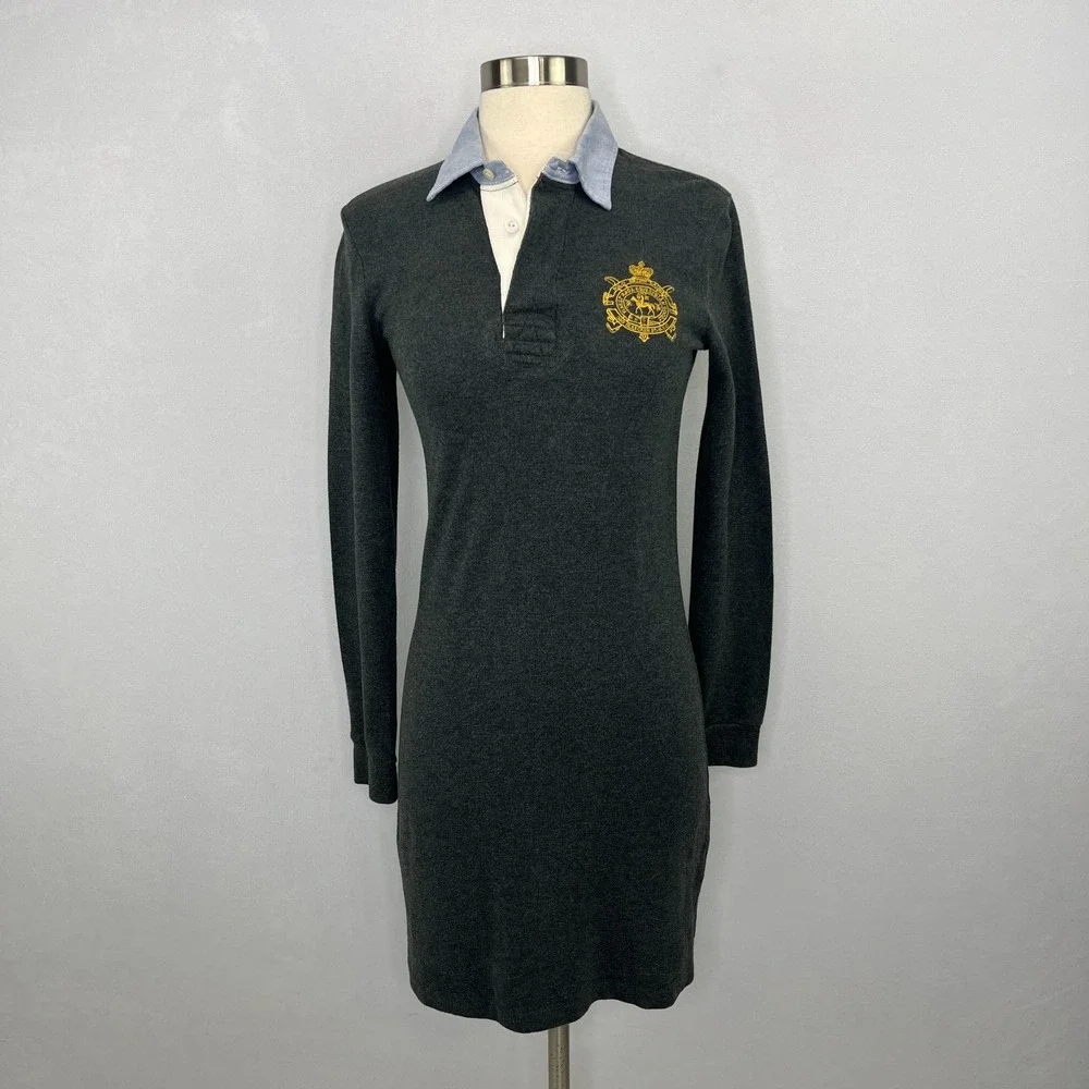 Vintage Ralph Lauren Shirt Dress Crest Cotton Polo L/S Size S Gray Y2K Preppy